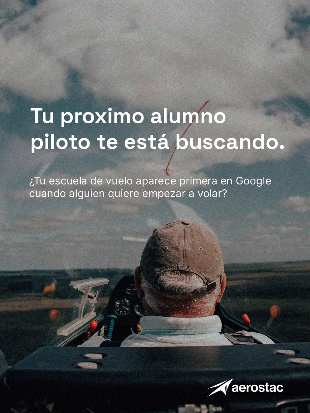 Pilot in a cockpit with a message about student and client acquisition