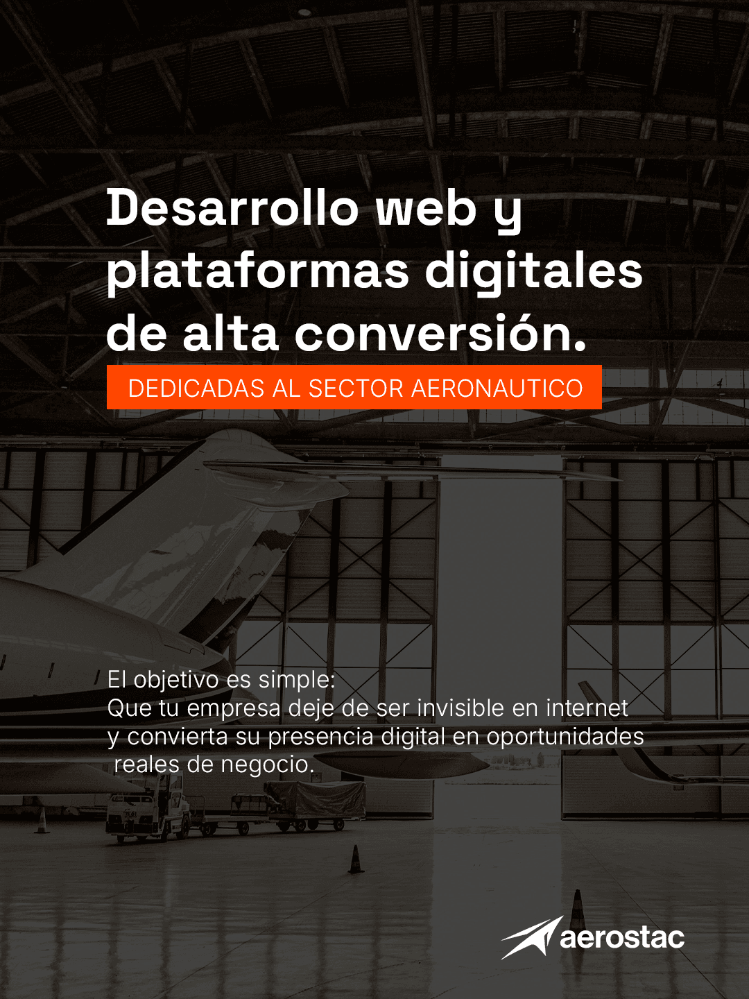 Hangar with aircraft and high-conversion web development message