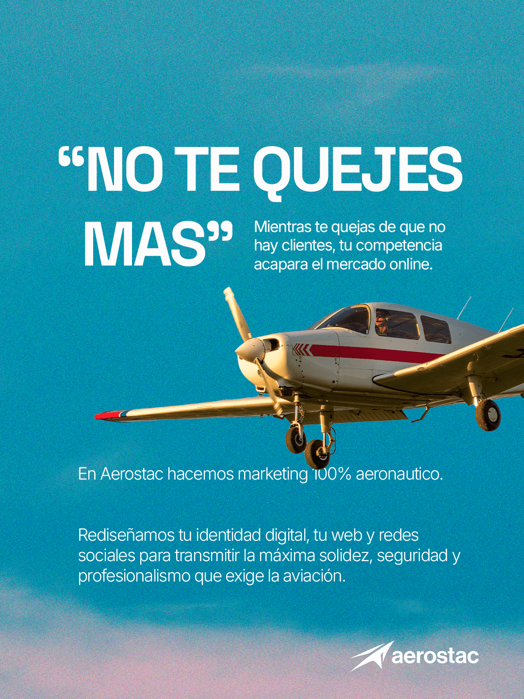 Aircraft in flight with AEROSTAC aviation marketing message