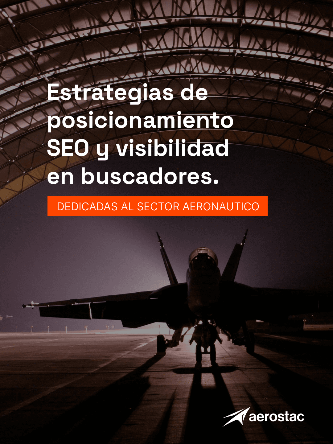 Aircraft in a hangar at night with SEO positioning message
