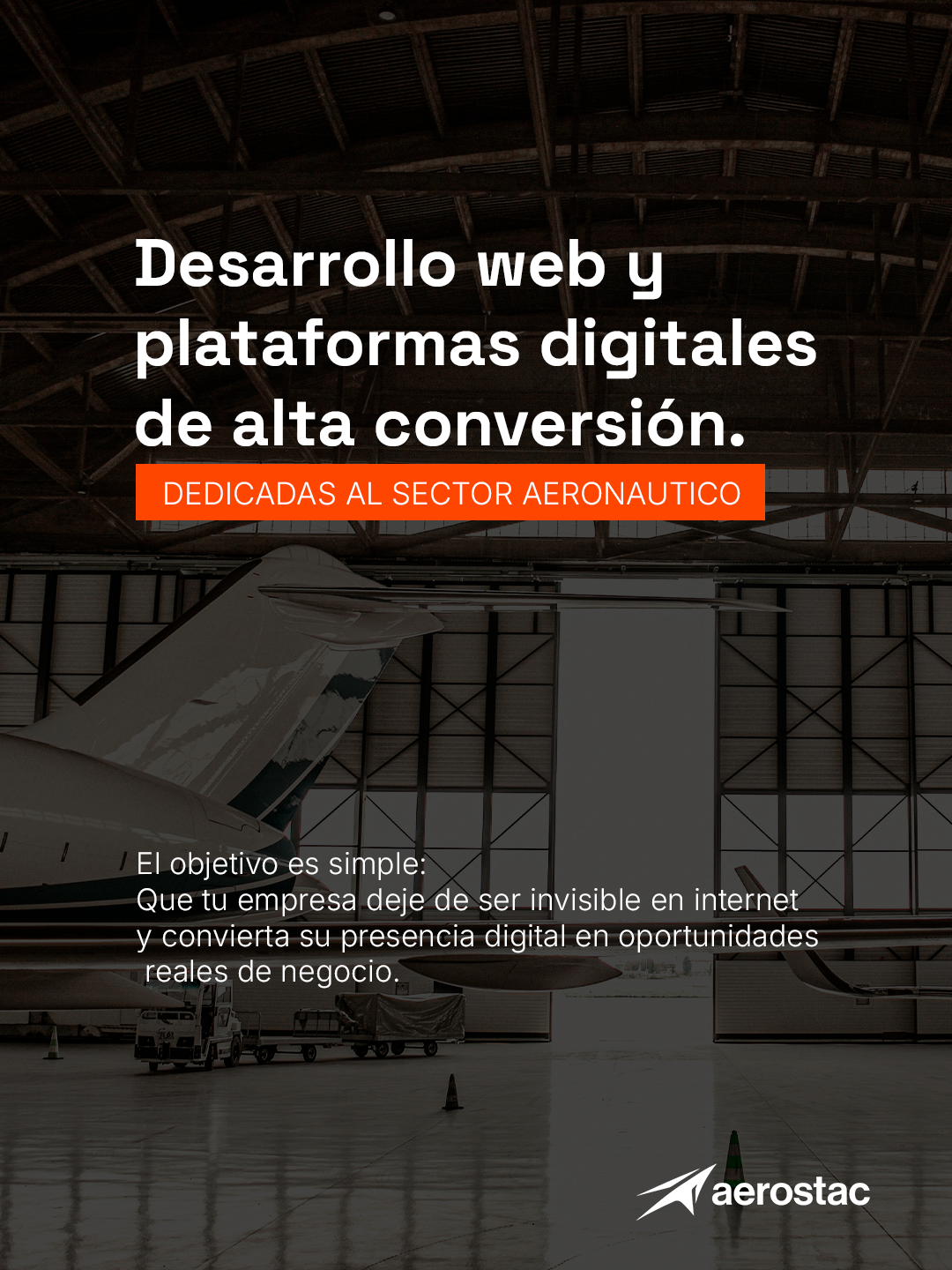 Aircraft in a dark hangar with text about high-conversion web development and digital platforms